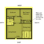 An apartment layout drawing. Yellow background with black lines and black print.