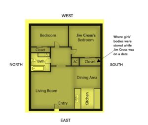 An apartment layout drawing. Yellow background with black lines and black print.