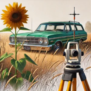 Green Chevrolet Station Wagon in a field; one sunflower and a surveyor's transit is in view.