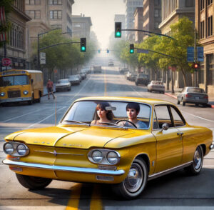 AI drawn corvair with two brunette girls in the car on a city street.