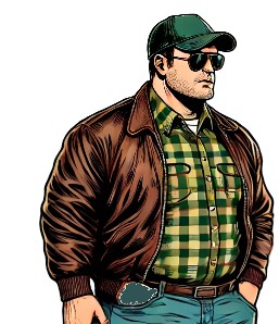 cartoon man in cap and brown jacket