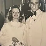 woman and man wearing wedding clothes from 1970s