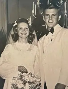woman and man wearing wedding clothes from 1970s